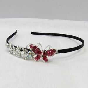 Silver Pink & Red Rhinestone Crystal Butterfly Headband New